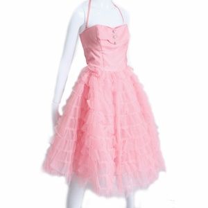 Betsey Johnson Pink Tulle Dress Flare Hem Halter Ruffle Skirt Evening Label Sz 8